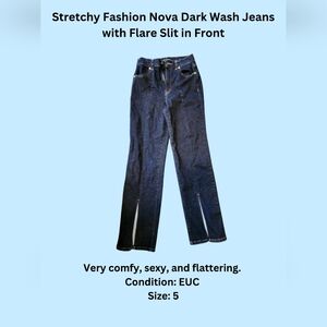 Stretchy Fashion Nova Dark Wash Jeans with Front Slit Flare